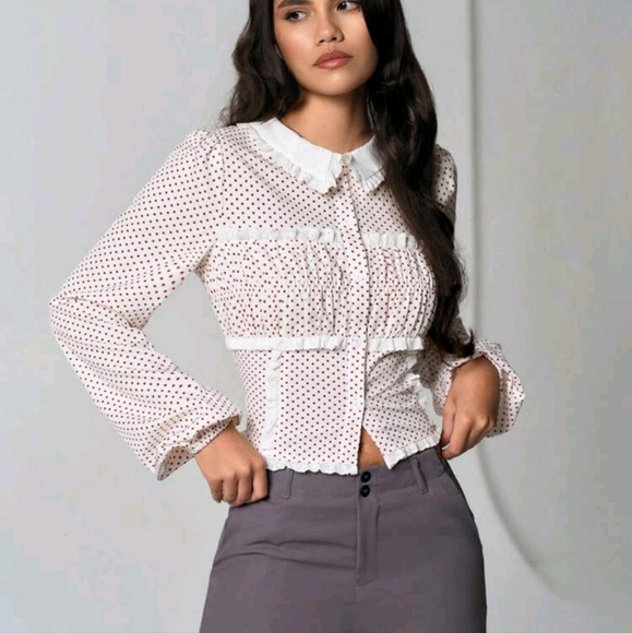 Women's Casual Polka Dot Print With Ruffle Neckline Long Sleeve Blouse - Picture 1 of 4